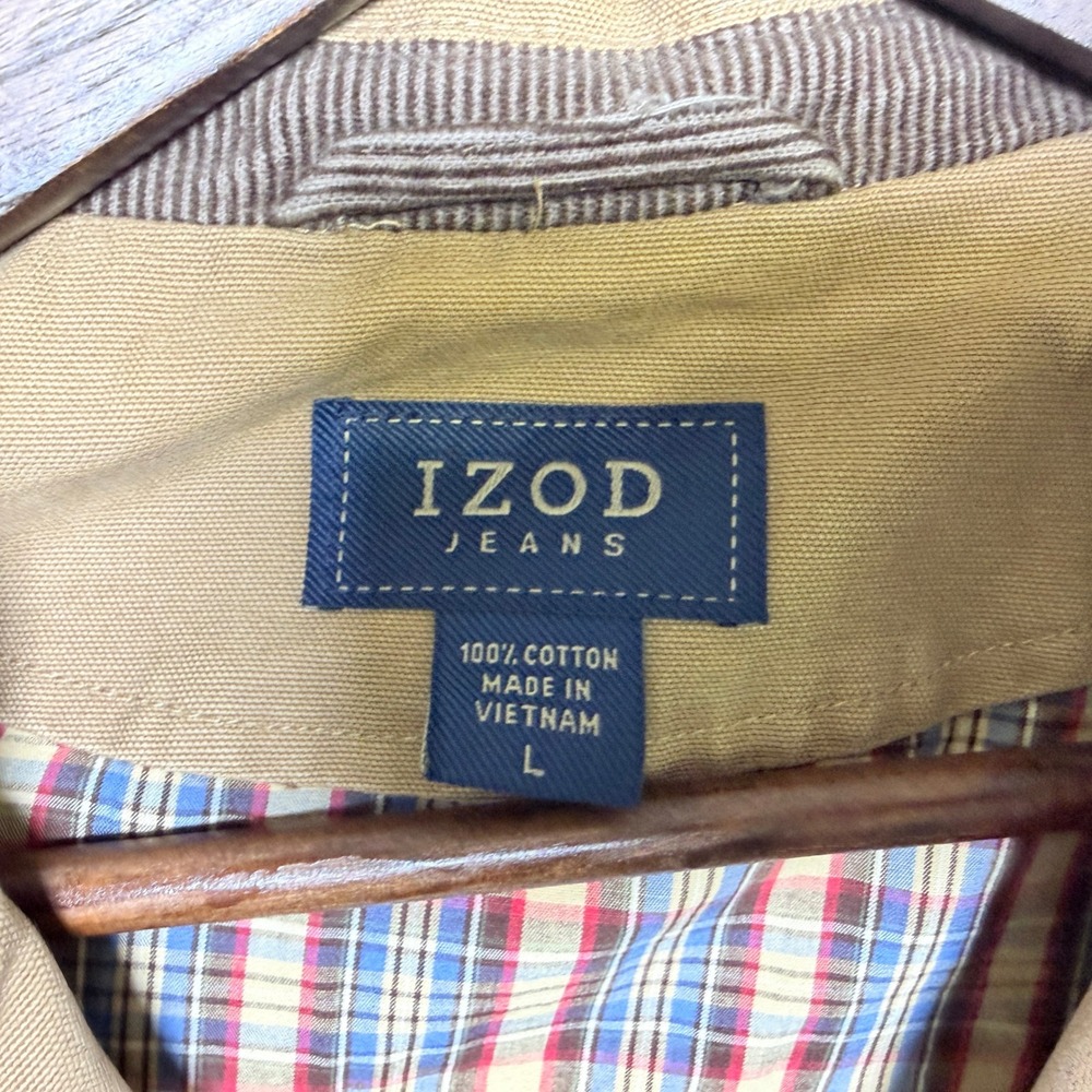 IZOD Mens Tan Khaki Cotton Canvas Blazer Chore Jacket Plaid Lined Large 4553042 - Picture 4 of 12